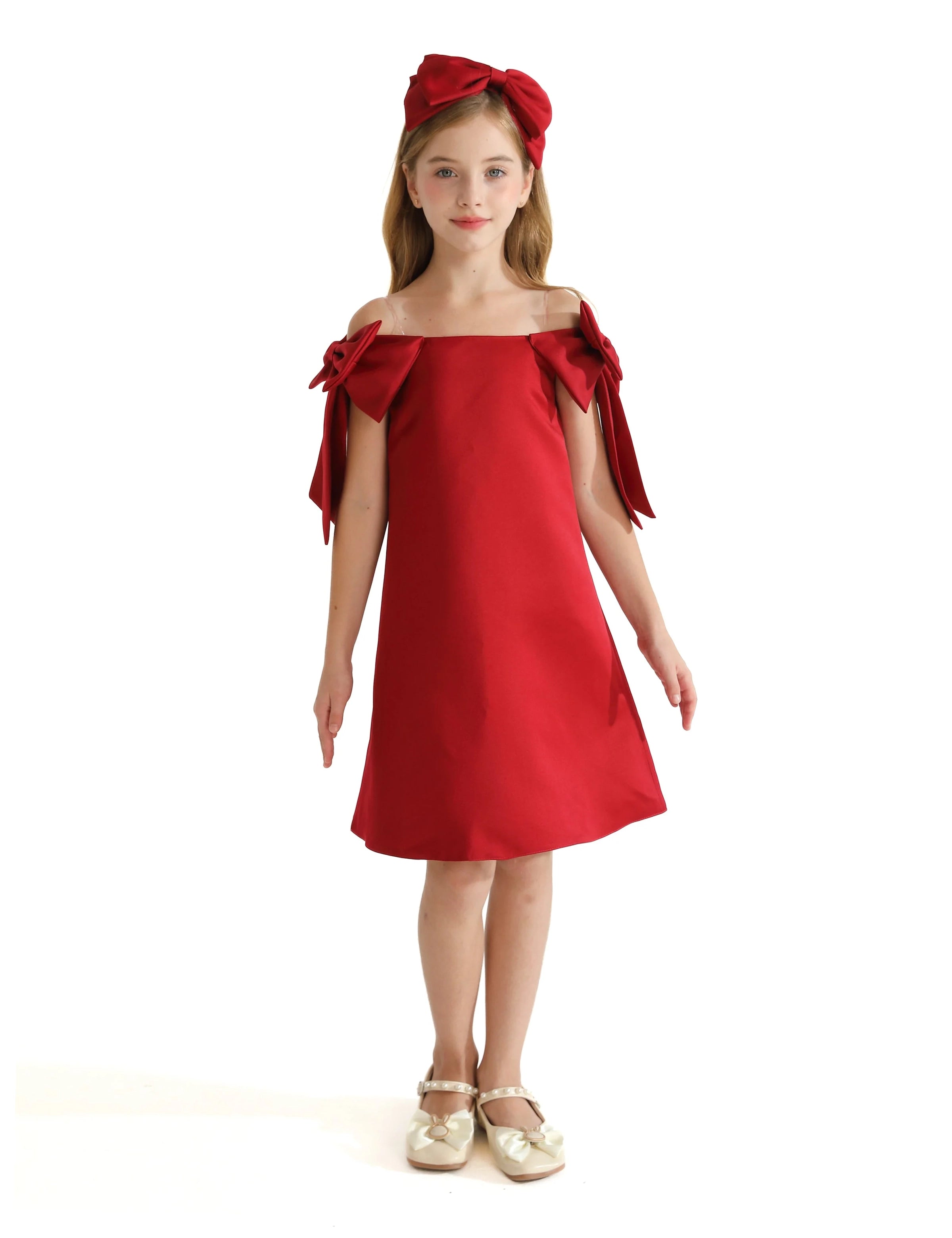 Red Luneta Off Shoulder Bow Dress 3Y-4Y / Red Red Luneta Off Shoulder Bow Dress 3Y-4Y / Red
