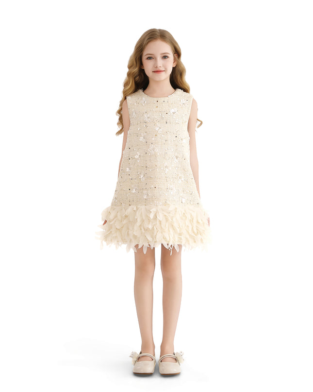 kids atelier tulleen Cream Sequin Feather-Hem Dress