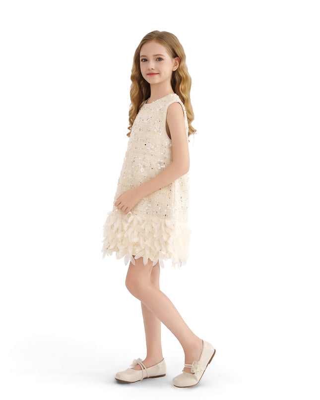 kids atelier tulleen Cream Sequin Feather-Hem Dress