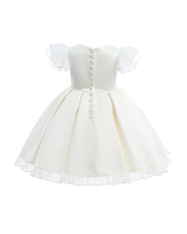 kids atelier tulleen Ivory Lace-Trim Puff Sleeve Dress