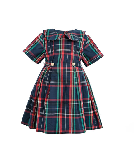 kids atelier tulleen Navy & Red Plaid Button-Waist Dress
