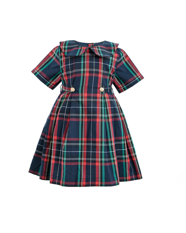 kids atelier tulleen Navy & Red Plaid Button-Waist Dress