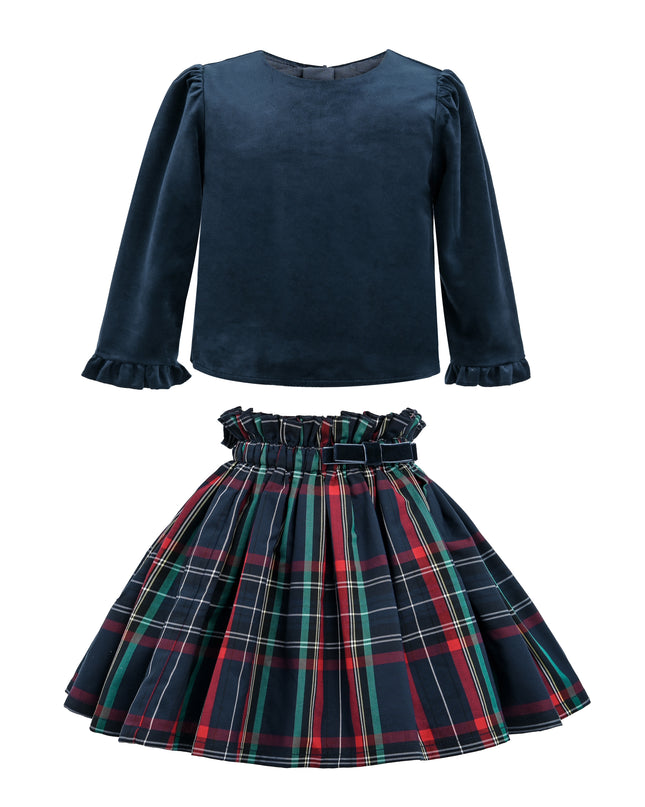 kids atelier tulleen Navy & Plaid Two-Piece Bow Skirt Set