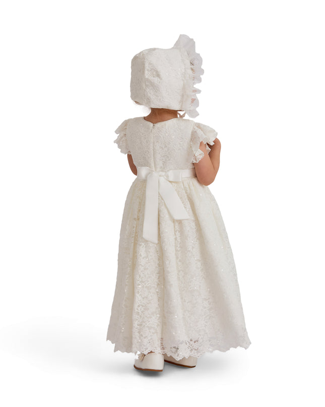 kids atelier tulleen White Velloria Lace Christening Dress with Bonnet