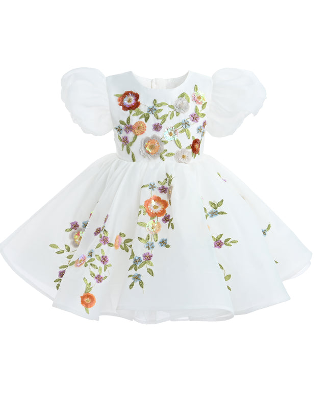KA-tulleen BG White Embroidered Puff Sleeve Dress