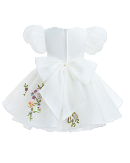 KA-tulleen BG White Embroidered Puff Sleeve Dress