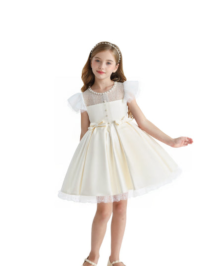 kids atelier tulleen Ivory Lace-Trim Puff Sleeve Dress