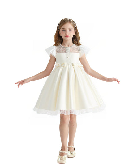 kids atelier tulleen Ivory Lace-Trim Puff Sleeve Dress