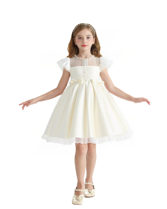 kids atelier tulleen Ivory Lace-Trim Puff Sleeve Dress