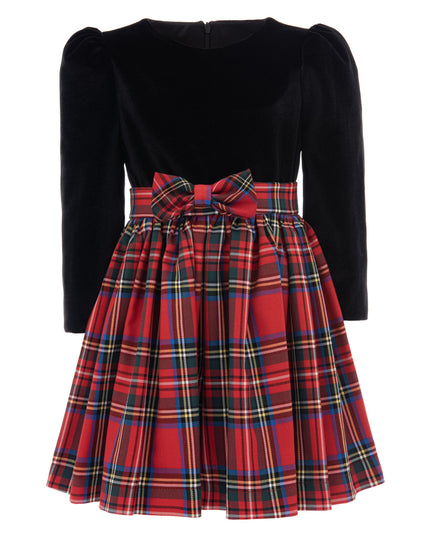 kids atelier tulleen Black Plaid Velvet Bow Dress