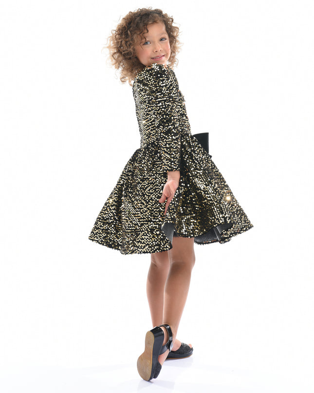 kids atelier tulleen Black Gold Sequin Bow Zoria Dress