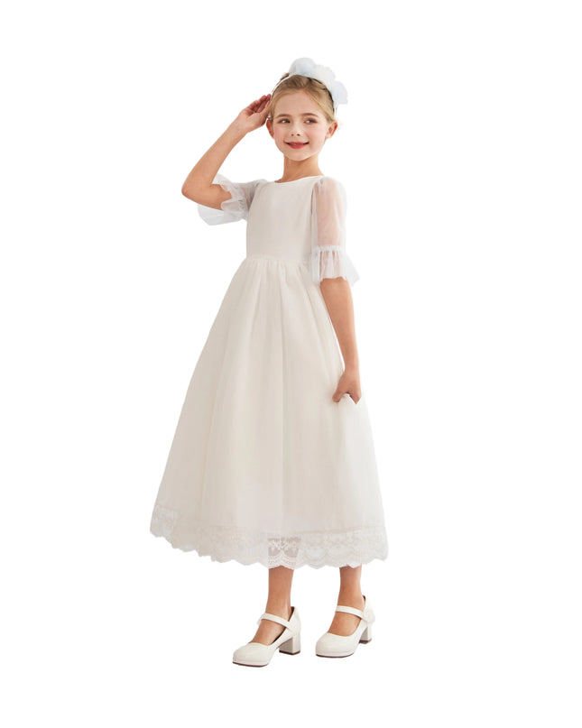 tulleen White Montessa Formal Dress with Lace Trim