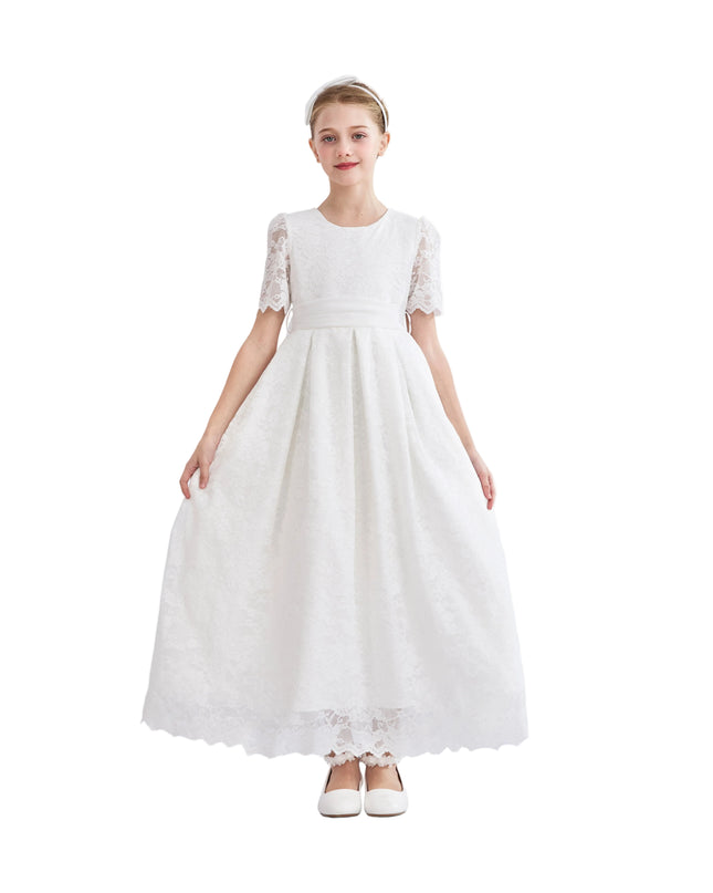 tulleen White Belciana Short Sleeve Lace Dress