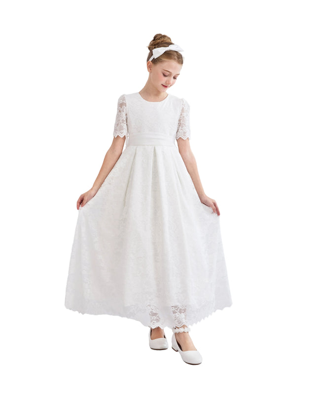 tulleen White Belciana Short Sleeve Lace Dress
