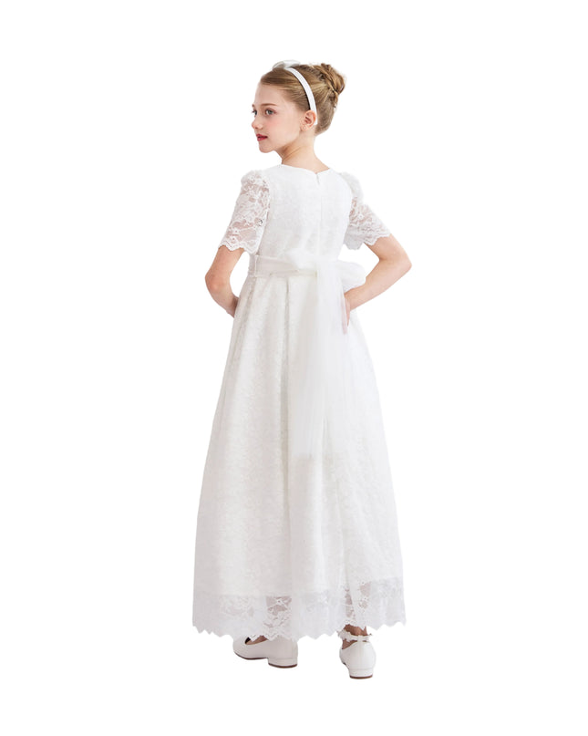 tulleen White Belciana Short Sleeve Lace Dress
