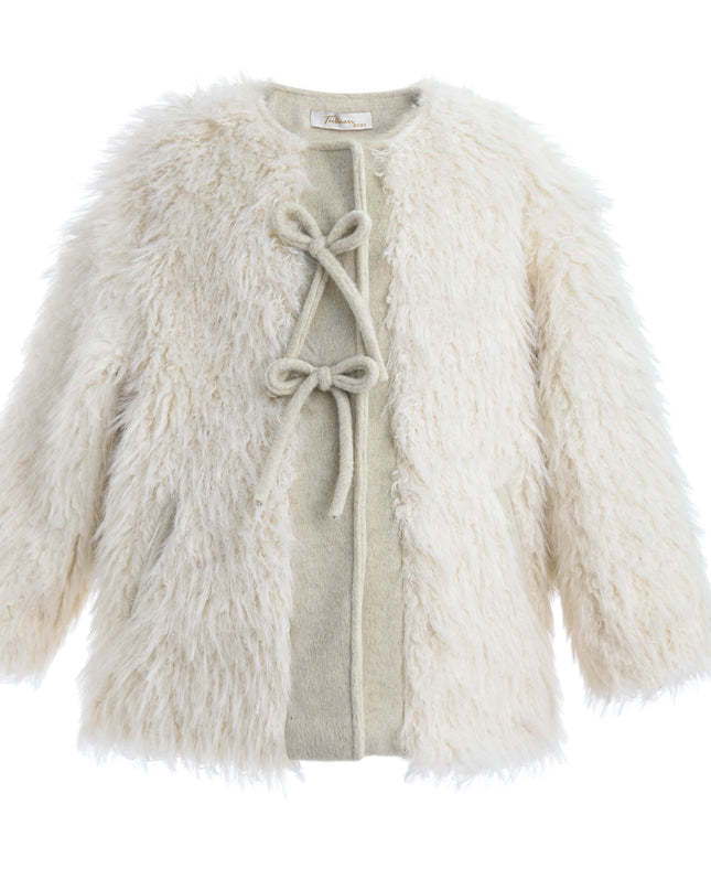 kids atelier tulleen Cream Faux Fur & Wool Bow Coat
