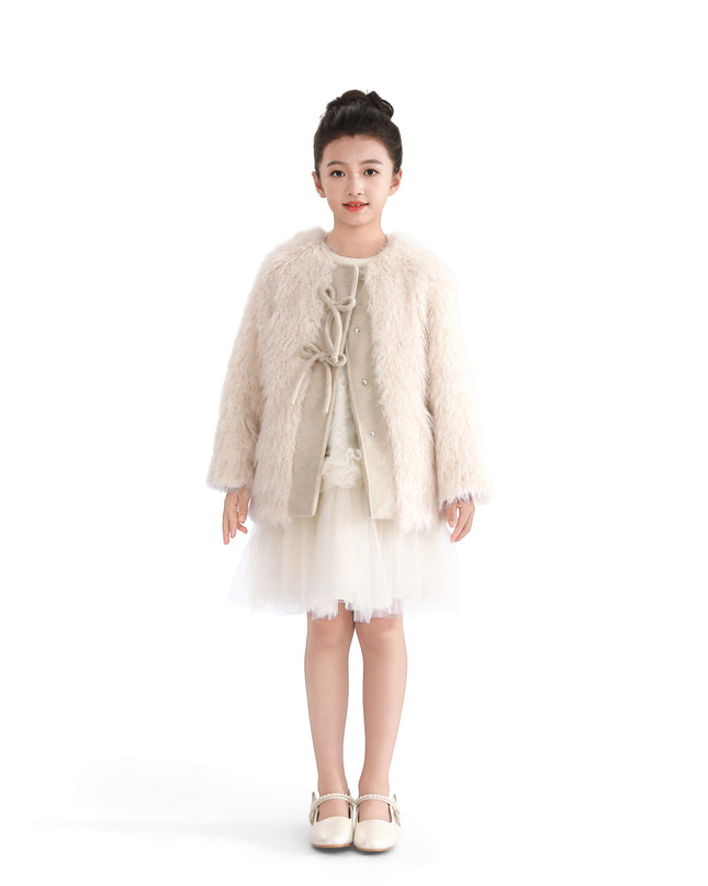 Cream Faux Fur & Wool Bow Coat
