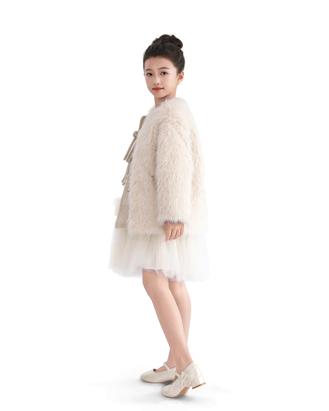 Cream Faux Fur & Wool Bow Coat