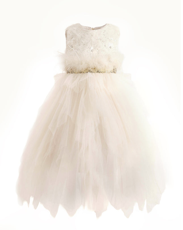 kids atelier tulleen White Feathered Tulle Party Dress