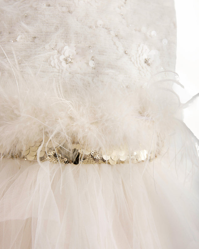 kids atelier tulleen White Feathered Tulle Party Dress