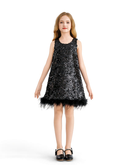 kids atelier tulleen Black Sequin Feather-Hem Dress
