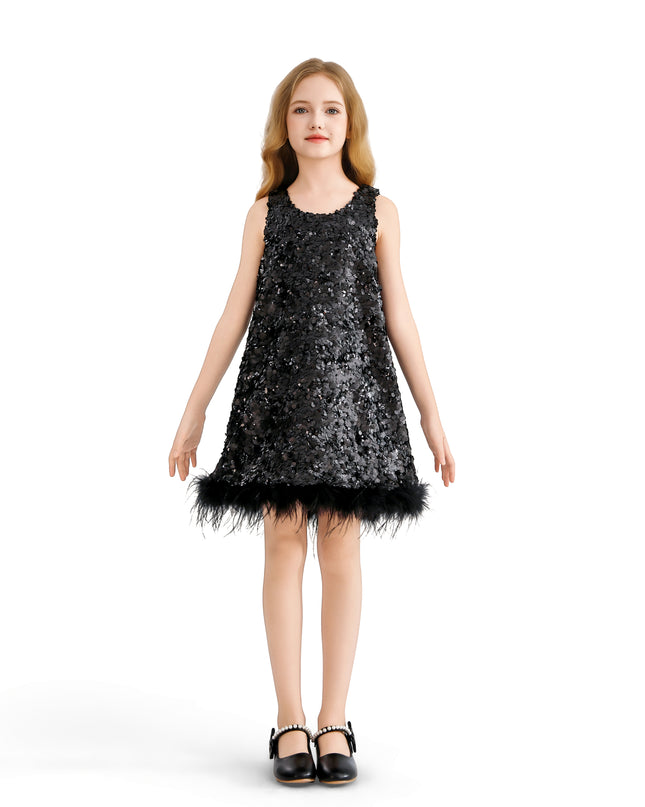 kids atelier tulleen Black Sequin Feather-Hem Dress