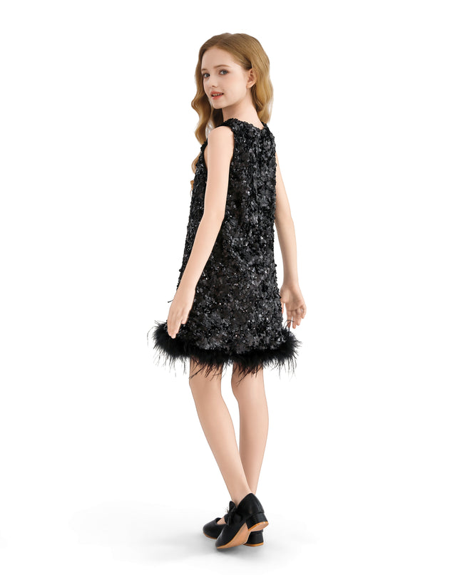 kids atelier tulleen Black Sequin Feather-Hem Dress
