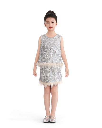 kids atelier tulleen Silver Sequin Feather-Trim Set