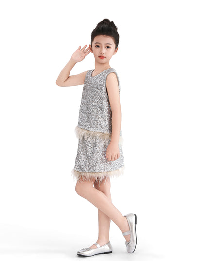 kids atelier tulleen Silver Sequin Feather-Trim Set