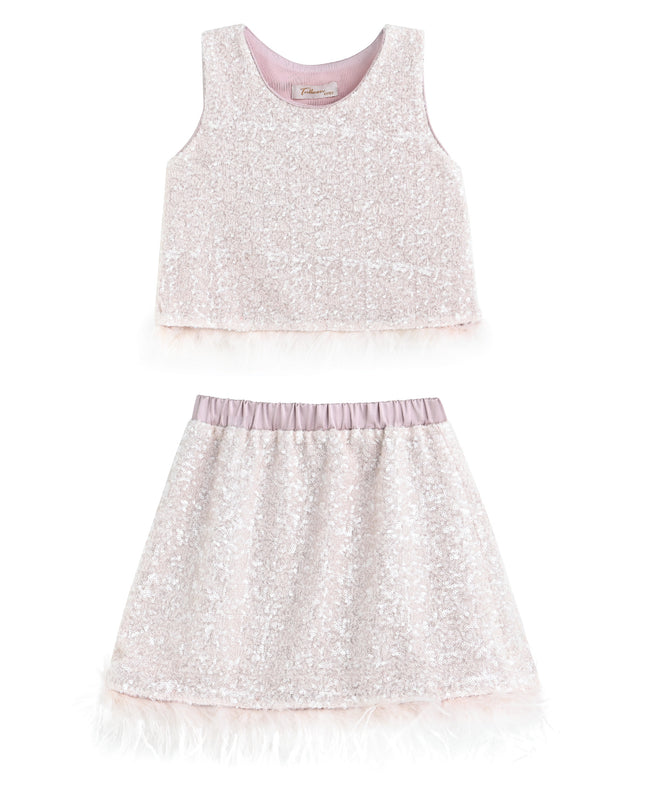 kids atelier tulleen Peach Sequin Feather-Trim Set