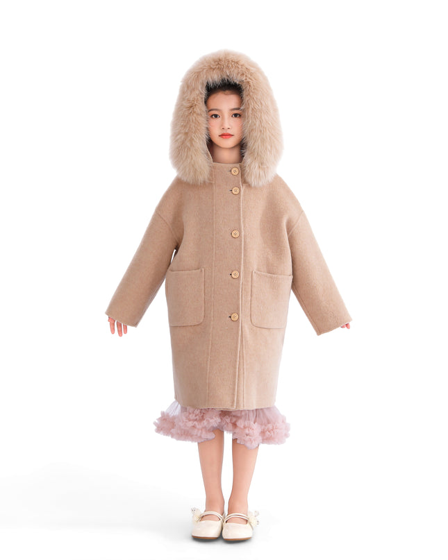 kids atelier tulleen Champagne Wool Coat with Faux Fur Hood