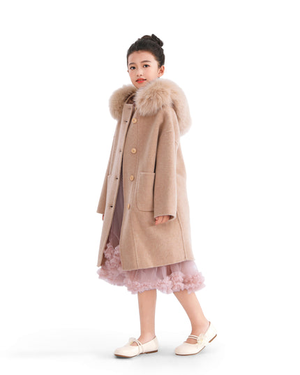 kids atelier tulleen Champagne Wool Coat with Faux Fur Hood