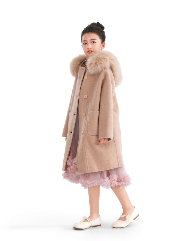 kids atelier tulleen Champagne Wool Coat with Faux Fur Hood
