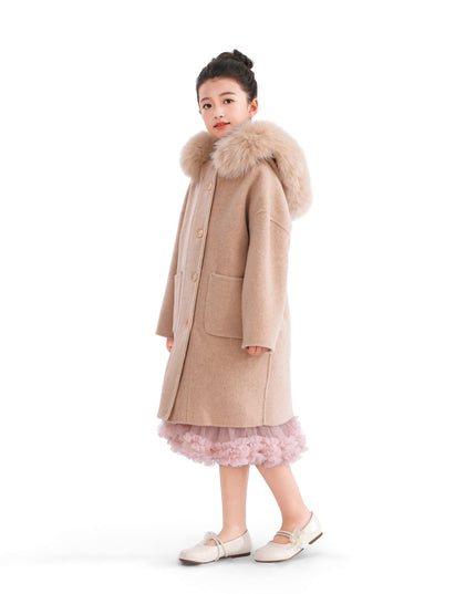kids atelier tulleen Champagne Wool Coat with Faux Fur Hood