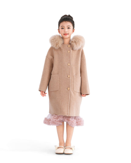 kids atelier tulleen Champagne Wool Coat with Faux Fur Hood
