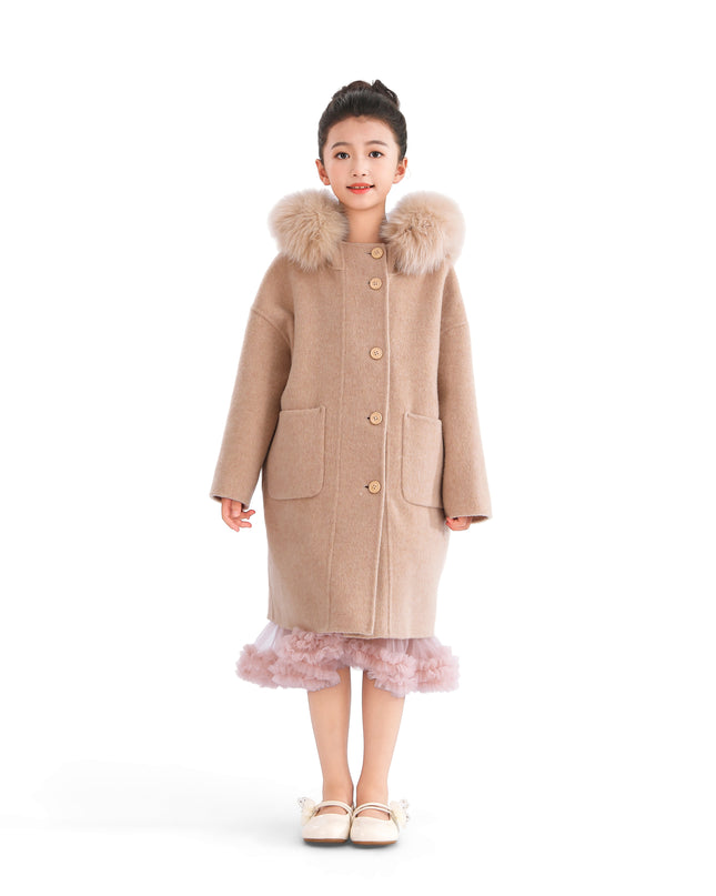 kids atelier tulleen Champagne Wool Coat with Faux Fur Hood