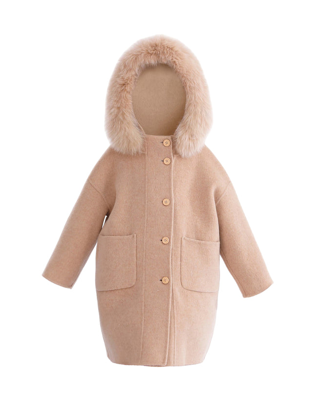 kids atelier tulleen Champagne Wool Coat with Faux Fur Hood