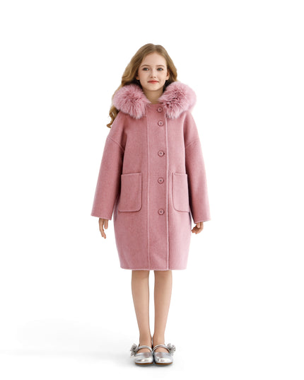 kids atelier tulleen Pink Wool Coat with Faux Fur Hood