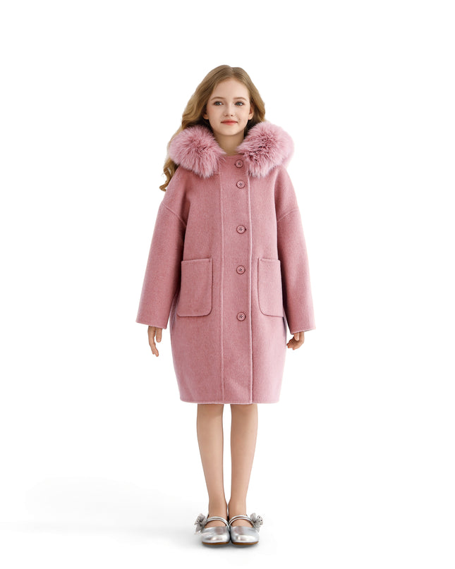 kids atelier tulleen Pink Wool Coat with Faux Fur Hood