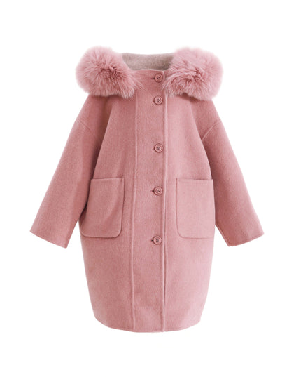 kids atelier tulleen Pink Wool Coat with Faux Fur Hood