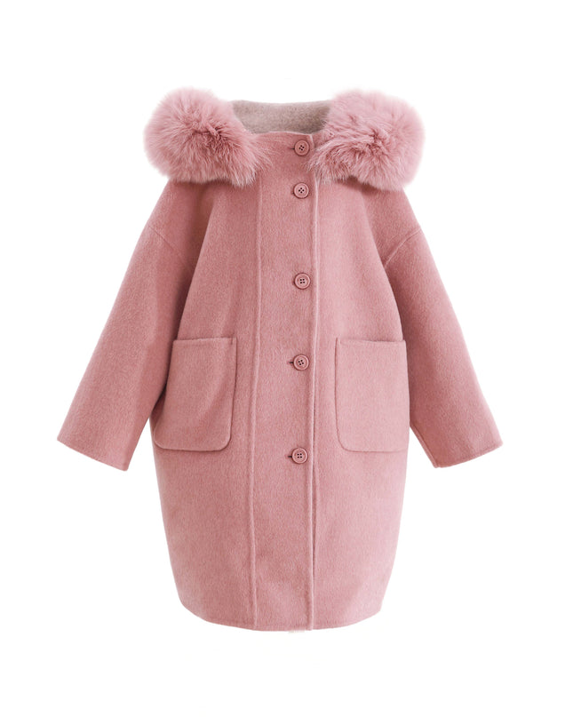 kids atelier tulleen Pink Wool Coat with Faux Fur Hood