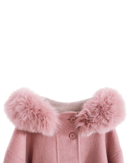 kids atelier tulleen Pink Wool Coat with Faux Fur Hood