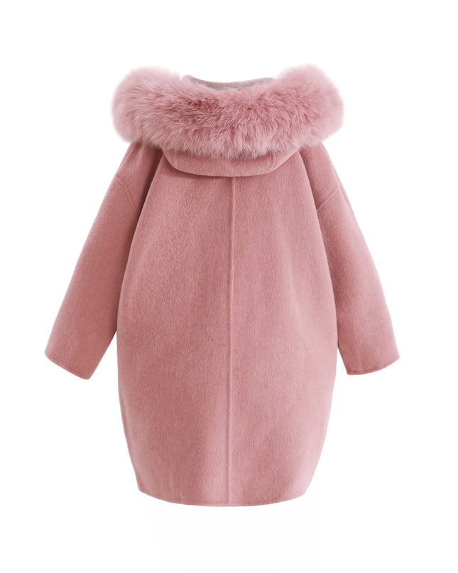 kids atelier tulleen Pink Wool Coat with Faux Fur Hood