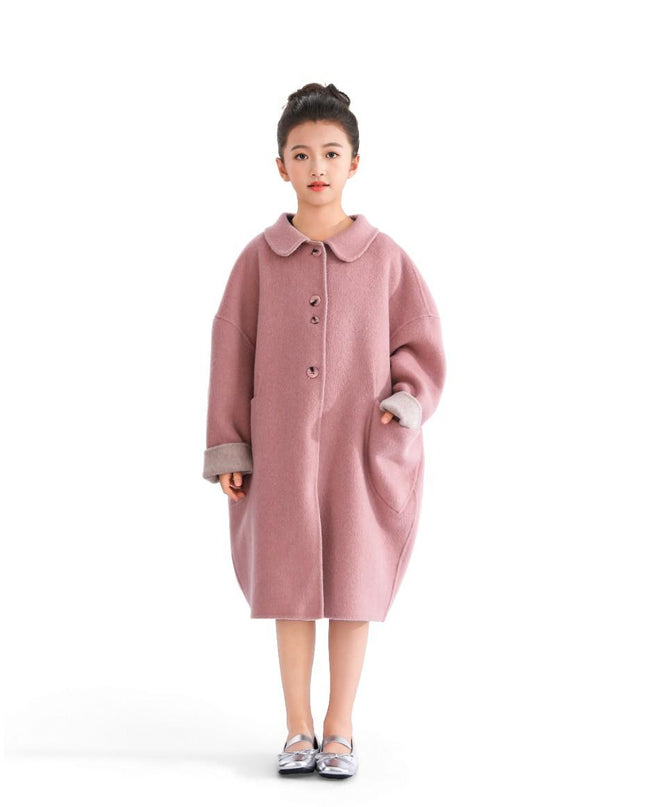 kids atelier tulleen Pink Wool Coat with Peter Pan Collar