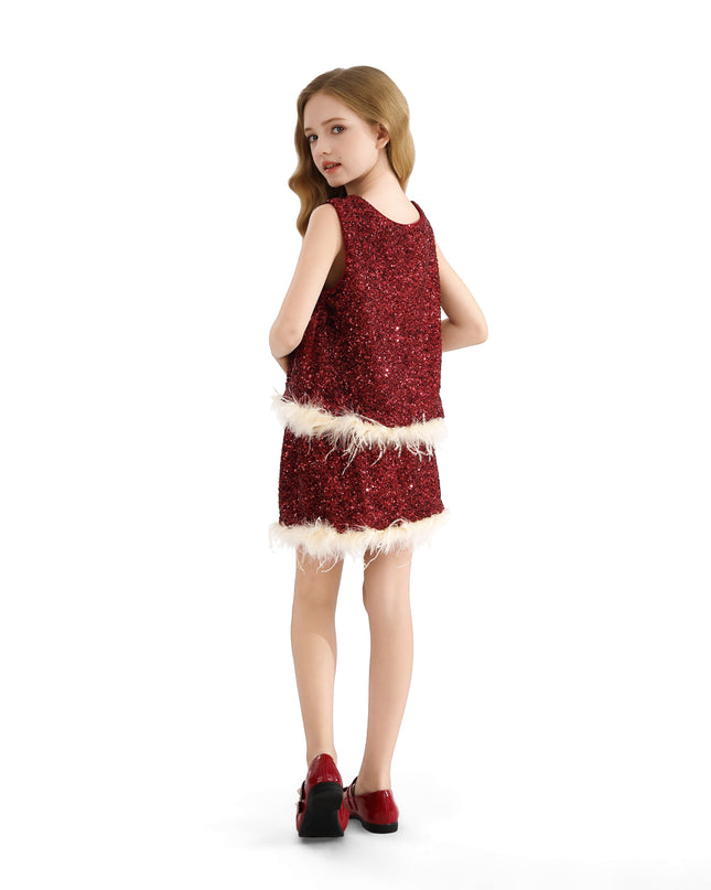 kids atelier tulleen Red Sequin Feather-Trim Set
