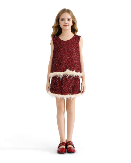 kids atelier tulleen Red Sequin Feather-Trim Set