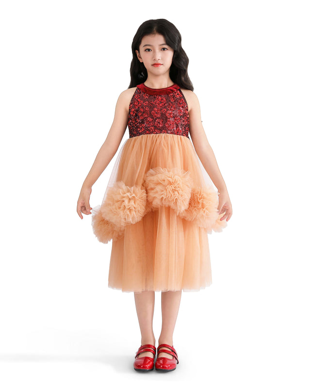 kids atelier tulleen Peach Tulle Pom-Pom Dress