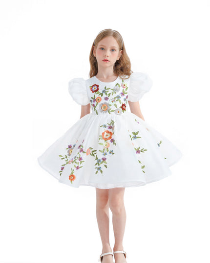 kids atelier tulleen White Embroidered Puff Sleeve Dress