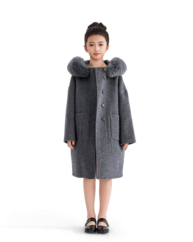 kids atelier tulleen Gray Wool Coat with Faux Fur Hood