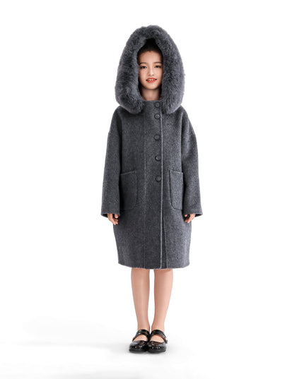 kids atelier tulleen Gray Wool Coat with Faux Fur Hood
